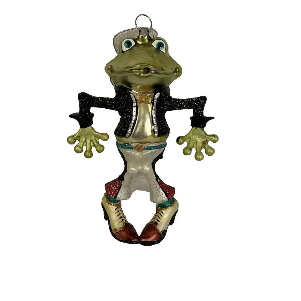 Glass Frog Dancer Christmas Ornament Dressed In Black Jacket, Pants, Shoes 6”